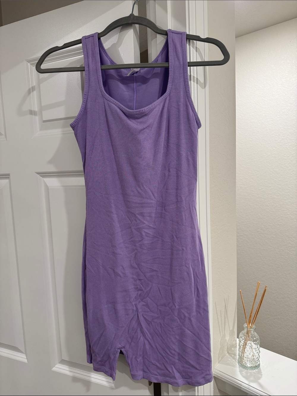 Purple Sleeveless Ribbed Knit Sculpted Romper Dress